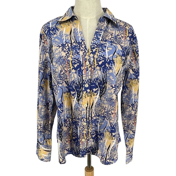 Acorn Tops - Acorn Womens Coral Reef Print Button Up Shirt XL Blue Multi Color Long Sleeve